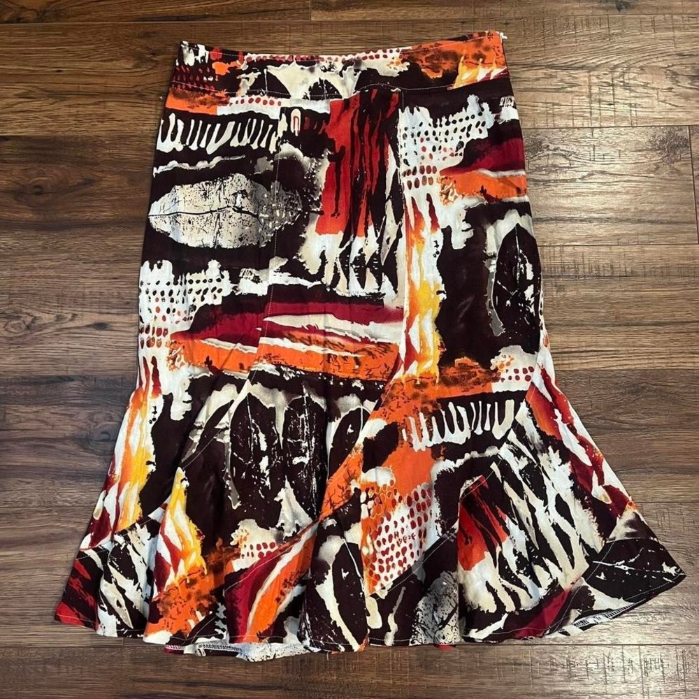 Vintage Y2K Abstract Midi Skirt Rust Linen‎ Blend Women 12 Boho Artsy Whimsical